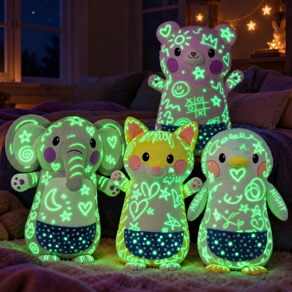 Bear, elephant, fox and penguin plushies glowing in the dark