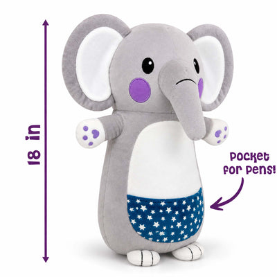 Elephant plush is about 18 in tall, with a pocket for the pen