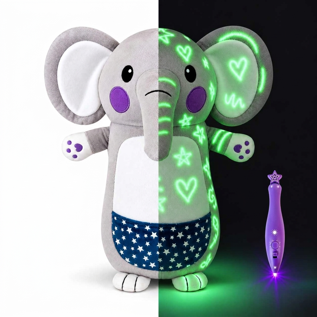 Glow-in-the-dark elephant plush, half in light and half glowing in the dark, with the light pen