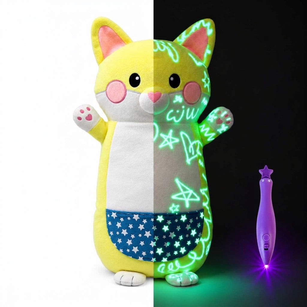 Glow-in-the-dark fox plush, half in light and half glowing in the dark, with the light pen