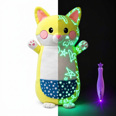 Glow-in-the-dark fox plush, half in light and half glowing in the dark, with the light pen