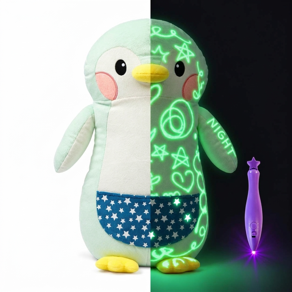 Glow-in-the-dark penguin plush, half in light and half glowing in the dark, with the light pen