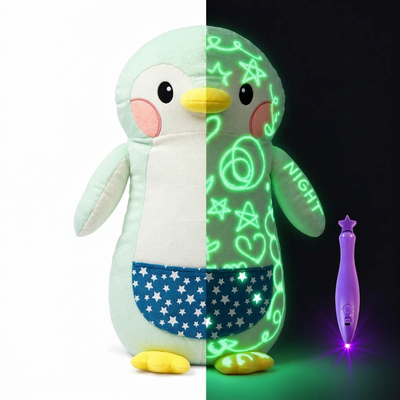 Glow-in-the-dark penguin plush, half in light and half glowing in the dark, with the light pen