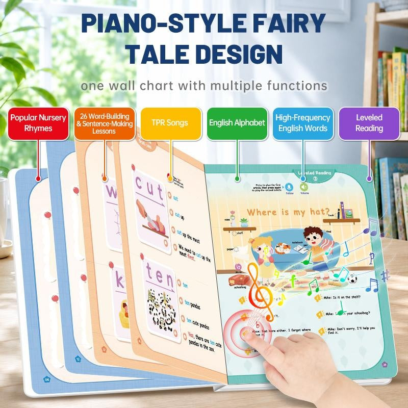 Sections: rhymes, word-building and sentence lessons, songs, alphabet, sight words, leveled reading